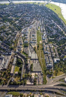 Aerial view, new development area Quartier Belsenpark and new office complex in the Oberkassel