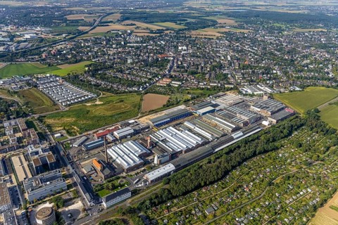 Aerial view, Areal Böhler commercial area and residential area Unter der Mühle in the district