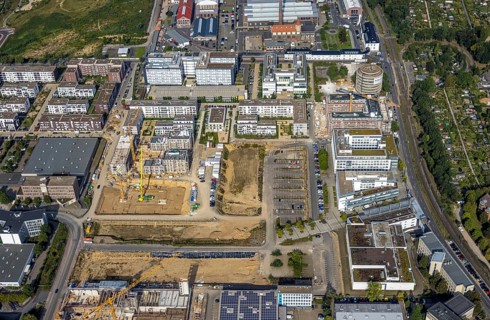Aerial view, construction site at the VIERZIG549 residential complex in the Büderich district of