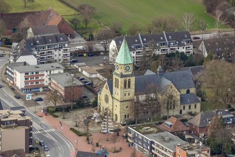 Aerial view, St. Johannes Church Kirchhellen, Hans Büning Platz, Bottrop-Kirchhellen, Ruhr area,