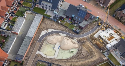 Aerial view, construction site for children's playground, residential area Tappenhof, Hellenstraße
