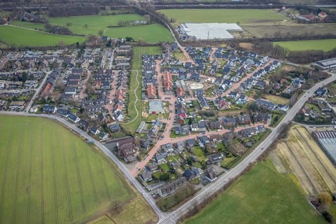 Aerial view, construction site for children's playground, residential area Tappenhof, Hellenstraße