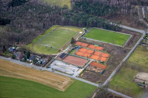 Aerial view, sports facility VfL Grafenwald, Sensenfeld, Bottrop-Kirchhellen, Ruhr area, North
