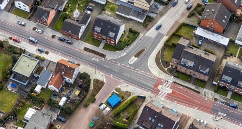 Aerial view, residential area shopping street construction site Schneiderstraße, new pedestrian