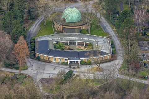 Aerial view, mourning hall, park cemetery, Bottrop, Ruhr area, North Rhine-Westphalia, Germany,