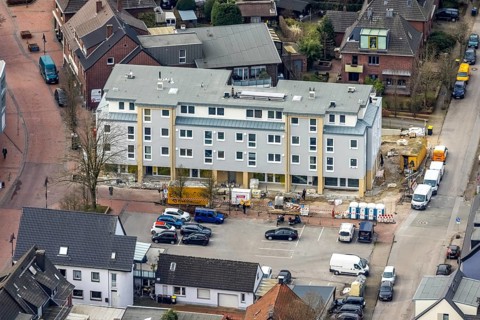 Aerial view, construction site, new building project Kirchhellener arcades at Schulstraße at Alter