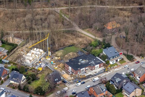 Aerial view, construction site kindergarten at Horsthofstraße, Bottrop-Kirchhellen, Ruhr area,