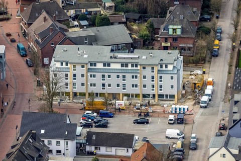Aerial view, construction site, new building project Kirchhellener arcades at Schulstraße at Alter