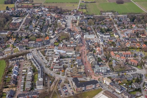 Aerial view, construction site new building project Kirchhellener arcades at Schulstraße at Alter