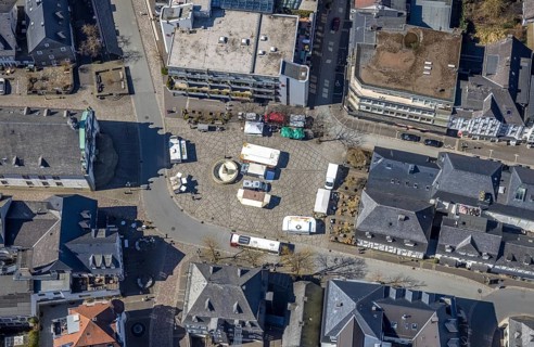Aerial view, market place with fountain, gastronomy at the market place with half-timbered houses,