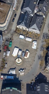 Aerial view, market place with fountain, gastronomy at the market place with half-timbered houses,