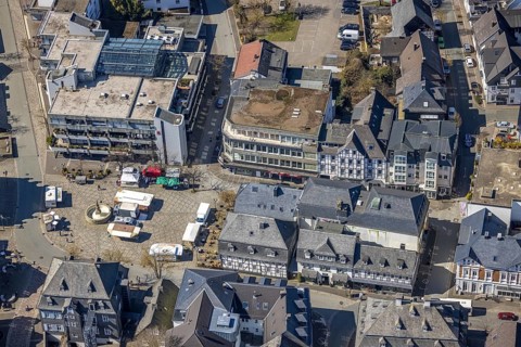 Aerial view, market place with fountain, gastronomy at the market place with half-timbered houses,