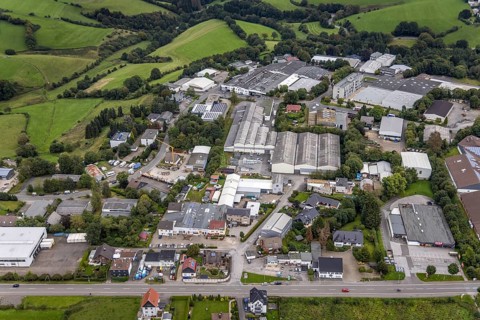 Aerial view, commercial area Frankfurter Straße in Breckerfeld, Sauerland, North Rhine-Westphalia,