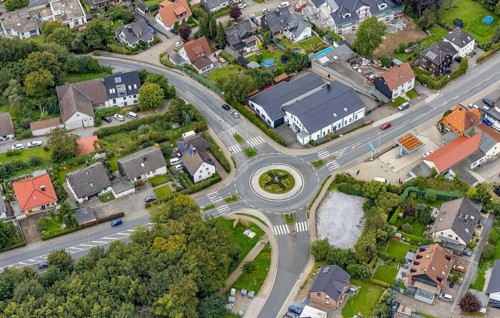 Aerial view, roundabout Frankfurter Straße in Breckerfeld, Sauerland, North Rhine-Westphalia,