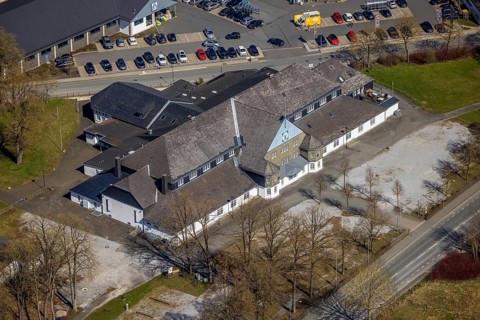 Aerial view, shooting hall, Brilon, Sauerland, North Rhine-Westphalia, Germany, DE, Europe, hall,