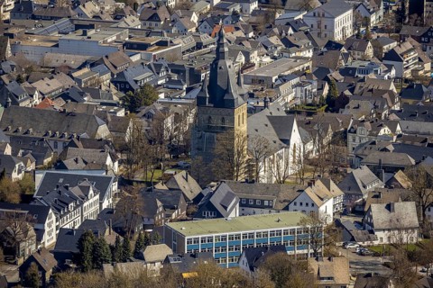 Aerial view, renovation of the catholic parish church of St Peter and St Andrew, Brilon, Sauerland,