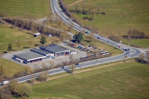 Aerial view, bus company RLG Regionalverkehr Ruhr-Lippe, Brilon, Sauerland, North Rhine-Westphalia,