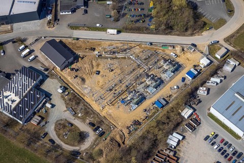 Aerial view, industrial estate Ostring, construction site EnergieStation Brilon, Brilon, Sauerland,