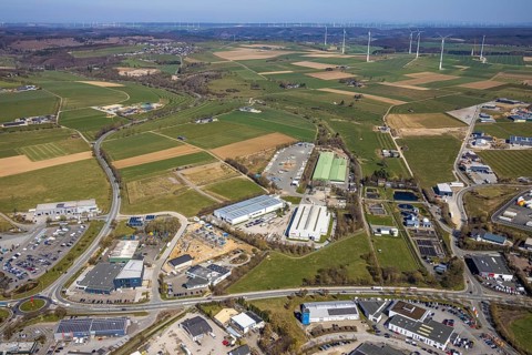 Aerial view, commercial area Möhnestraße, Brilon, Sauerland, North Rhine-Westphalia, Germany, DE,