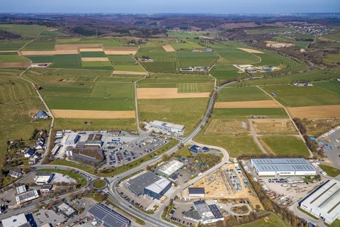 Aerial view, commercial area Möhnestraße, Brilon, Sauerland, North Rhine-Westphalia, Germany, DE,