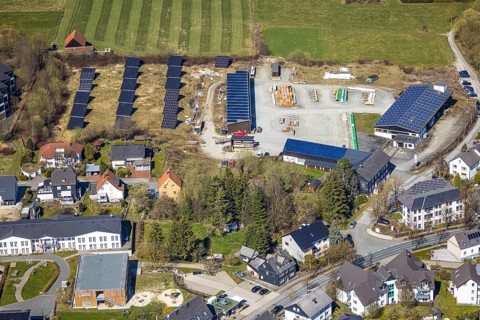 Aerial view, Franz-Heinrich Kraft sawmill and timber trade with solar plant, Nordstraße, Brilon,