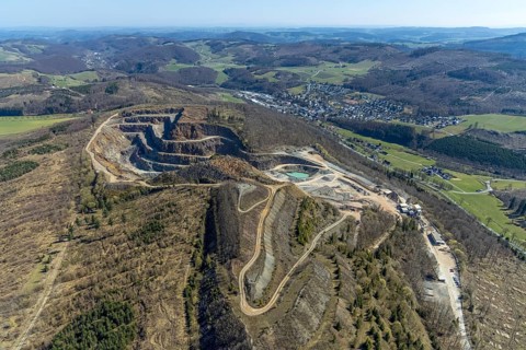 Aerial view, Bilstein Quarry, West German Greywacke Union, stone circle and viewpoint, Brilon,