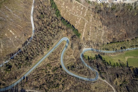Aerial view, Bilsteinhalde, serpentines, forest dieback, hairpin bend, motorbike route, Gudenhagen,