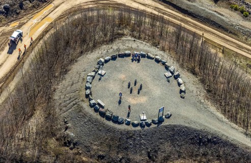 Aerial view, stone circle and viewpoint at Bilstein quarry, Brilon, Sauerland, North