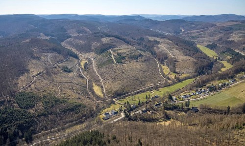 Aerial view, forest dieback, Middle Hoppecke Valley, Krahwinkel Pulvermühle landscape conservation