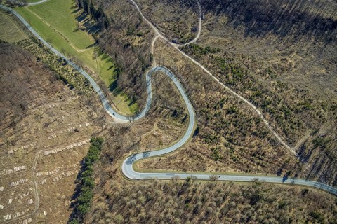 Aerial view, Bilsteinhalde, serpentines, forest dieback, hairpin bend, motorbike route, Gudenhagen,