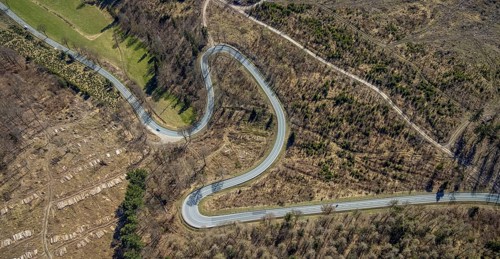 Aerial view, Bilsteinhalde, serpentines, forest dieback, hairpin bend, motorbike route, Gudenhagen,
