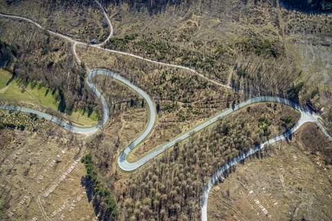 Aerial view, Bilsteinhalde, serpentines, forest dieback, hairpin bend, motorbike route, Gudenhagen,