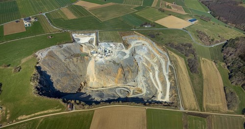 Aerial view, Thülen gravel works, Thülen, Brilon, Sauerland, North Rhine-Westphalia, Germany, DE,