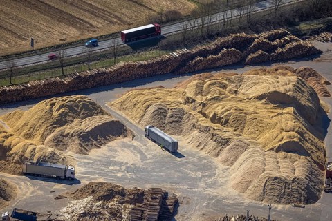 Aerial view, Egger Holzwerkstoffe Brilon, sawdust loading with lorry, Brilon, Sauerland, North