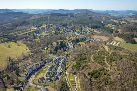 Aerial view, residential area local view, Gudenhagen, Brilon, Sauerland, North Rhine-Westphalia,