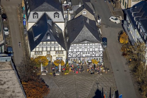 Aerial view, half-timbered inns at the market with outdoor catering in Brilon, Sauerland, North