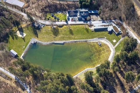 Aerial view, Forsthaus forest lake with Waldfreibad Gudenhagen, natural outdoor pool, Gudenhagen,
