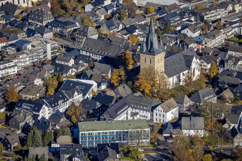 Aerial view, city centre view with catholic provost church in Brilon, Sauerland, North