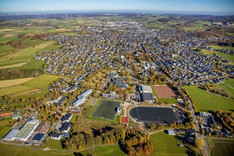 Aerial view, town view with sports field and Gymnasium Petrinum Brilon as well as vocational