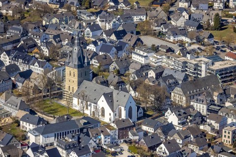 Aerial view, renovation of the catholic church of St Peter and St Andrew, Brilon, Sauerland, North