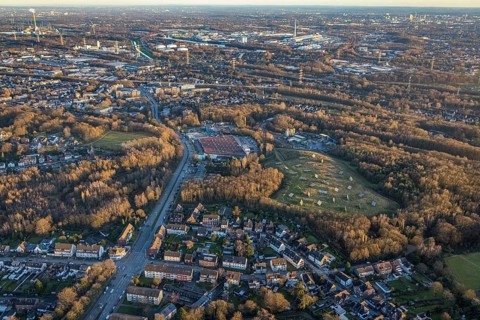 Aerial view, Recycling yard Donnerberg and solar park with local view in the district south in
