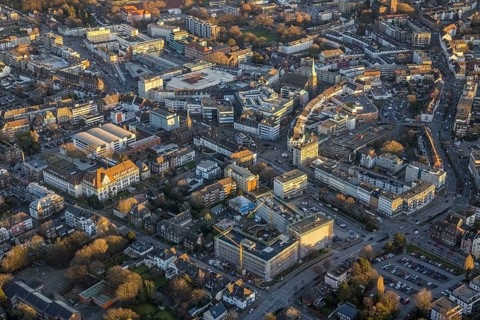 Aerial view, city centre view and new Bauknecht quarter with construction site at the RAG building