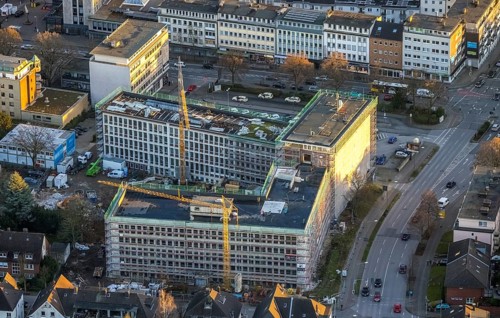 Aerial view, city centre view and new Bauknecht quarter with construction site at the RAG building