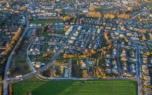 Aerial view, residential area Pastor-Dahlmann-Straße and Kirchhellener Ring with construction site