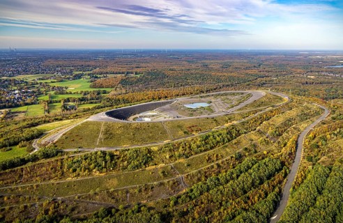 Aerial view, Haniel spoil tip and autumn forest in the Fuhlenbrock district of Bottrop, Ruhr area,