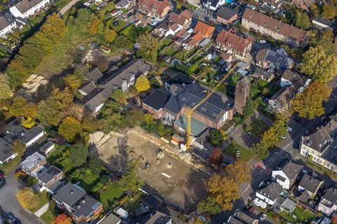 Aerial view, construction site at the former church St. Elisabeth with solar roof in the north-east