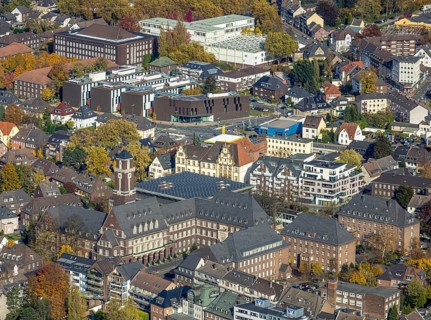 Aerial view, city centre view with town hall and university Ruhr West - Campus Bottrop in the
