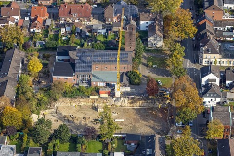 Aerial view, construction site at the former church St. Elisabeth with solar roof in the north-east