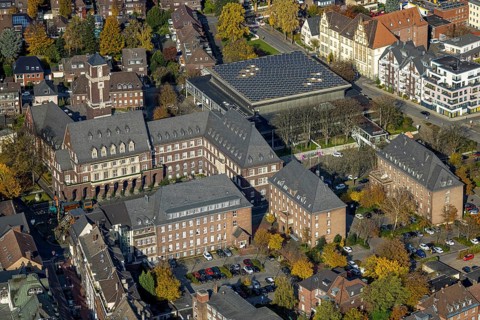 Aerial view, town hall and Saalbau event location in the Altstadt district of Bottrop, Ruhr area,