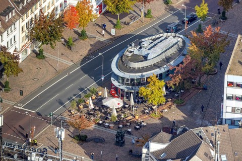 Aerial view, Oval building at the Pferdemarkt with the Cafe Extrablatt in the district Altstadt in